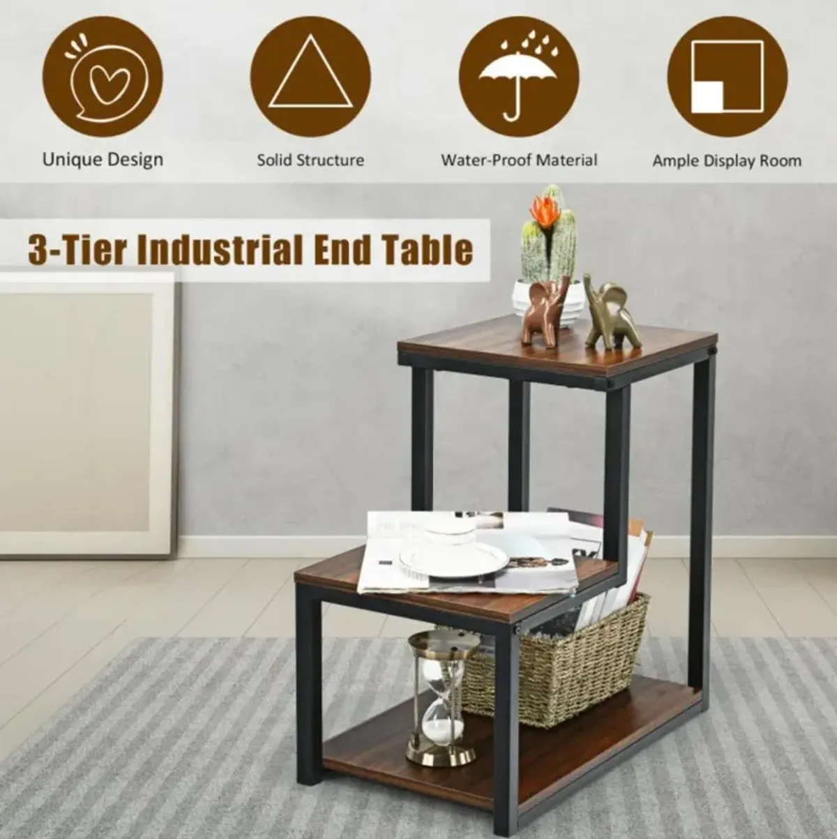 Hivvago 3-Tier End Table Sofa Side Table Ladder-Shaped with Storage Shelf