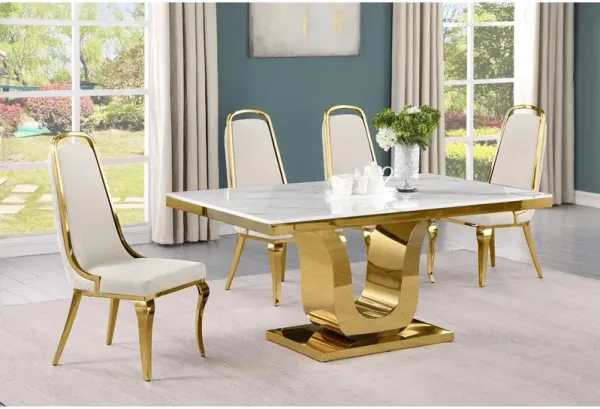 5pc Small(66") marble top dining set with gold base and 4 Cream side chairs