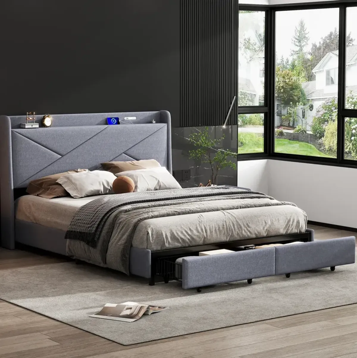 Merax Modern Platform Bed with Storage Headboard