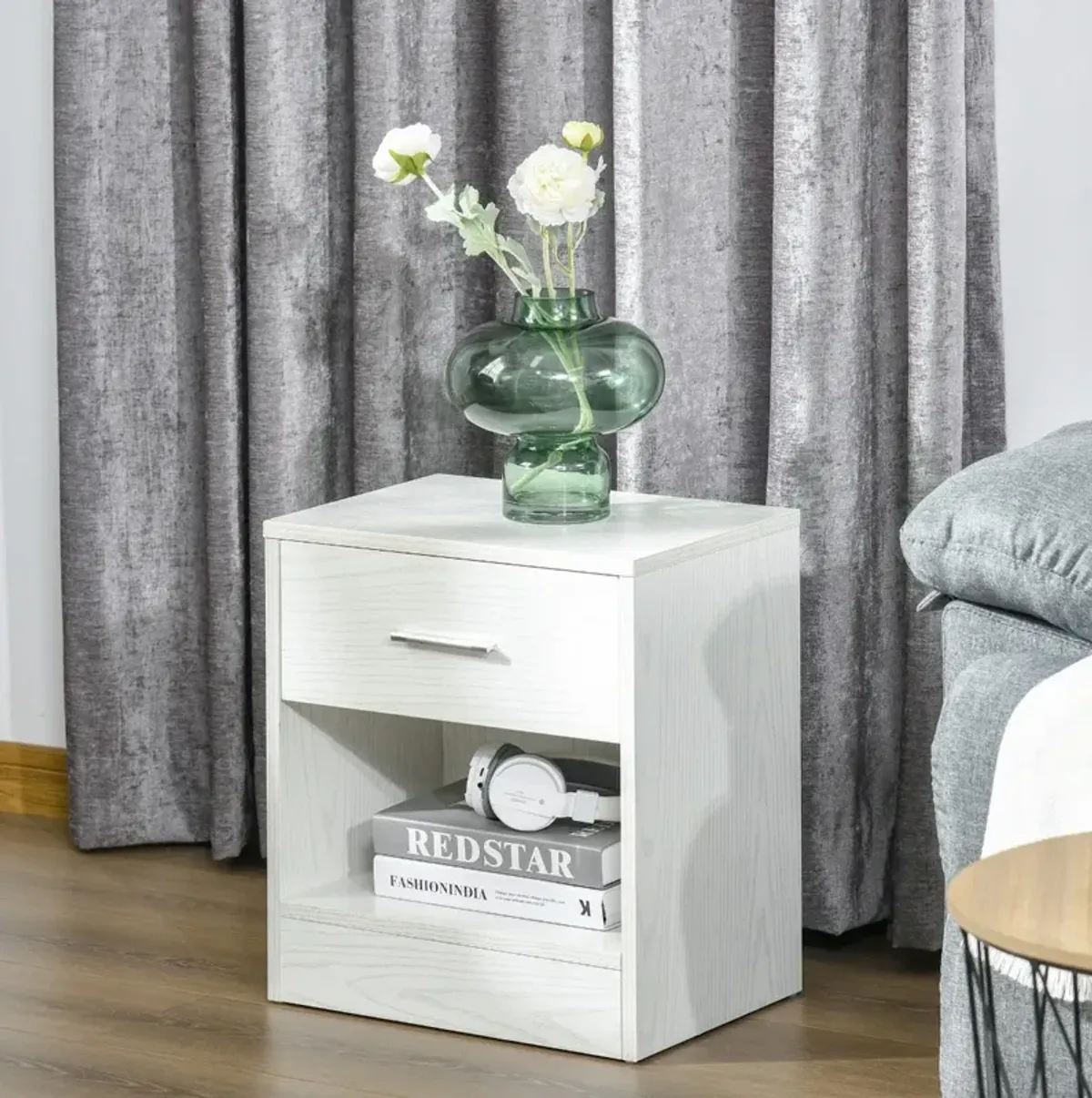 White Wood Bedside Table: Modern Nightstand with Drawer and Shelf