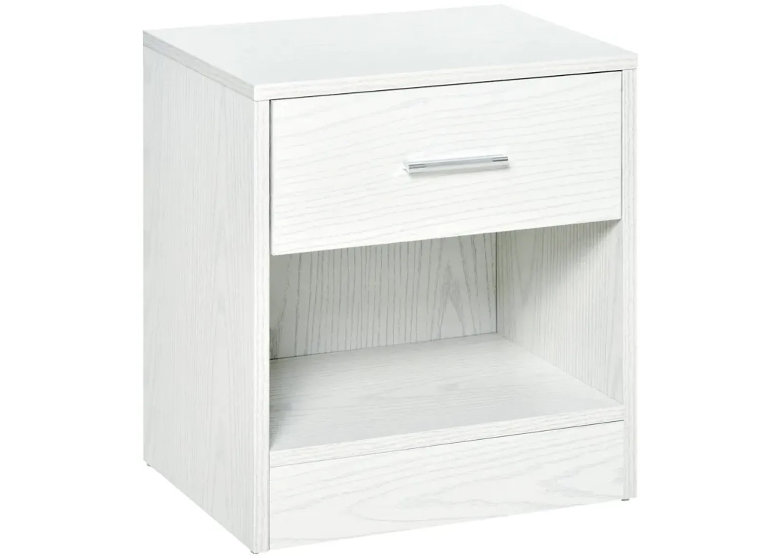 White Wood Bedside Table: Modern Nightstand with Drawer and Shelf