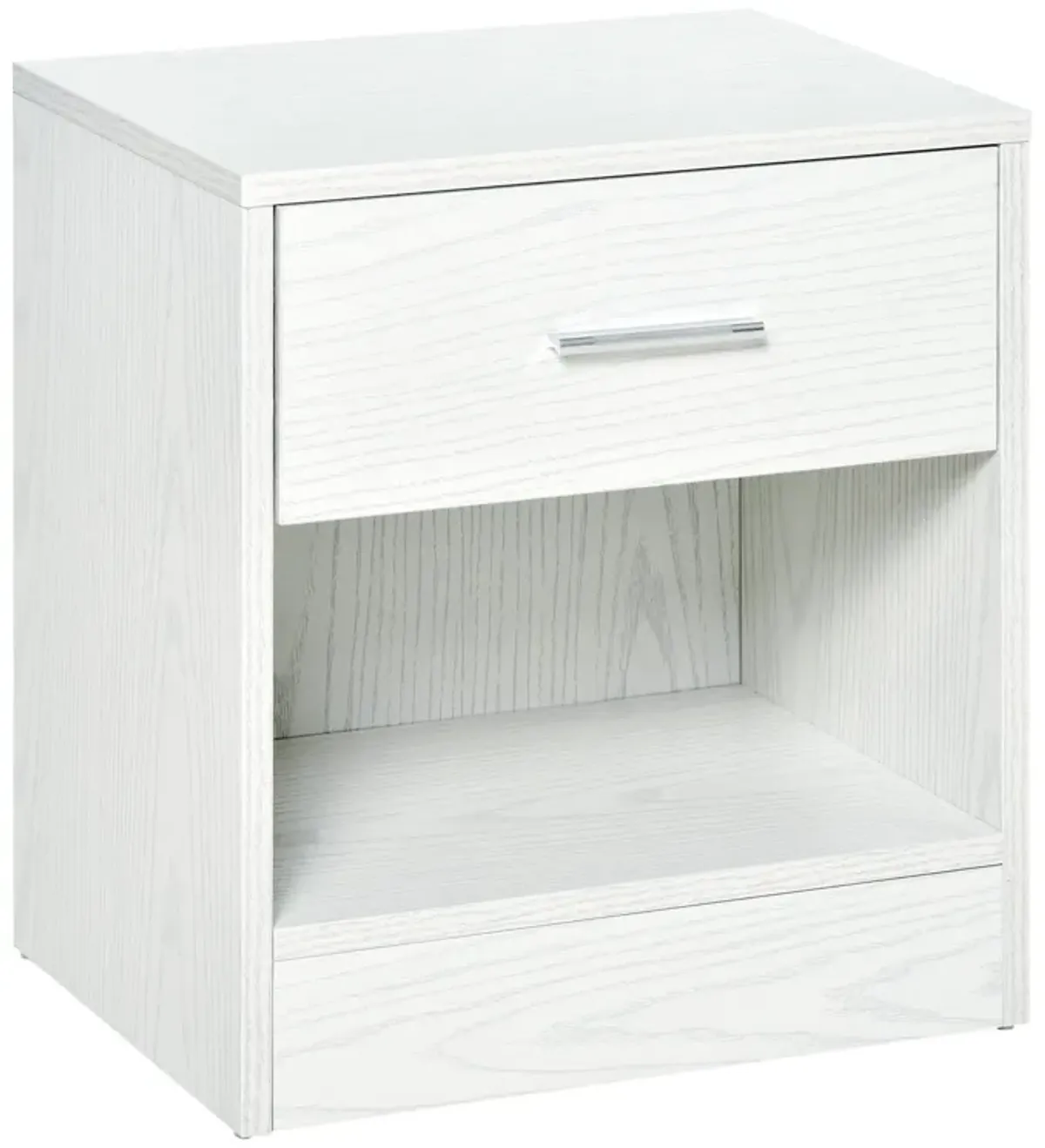 White Wood Bedside Table: Modern Nightstand with Drawer and Shelf