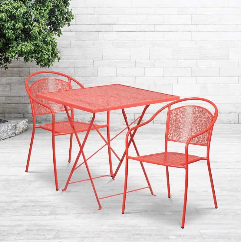 Flash Furniture Oia Commercial Grade 28" Square Coral Indoor-Outdoor Steel Folding Patio Table Set with 2 Round Back Chairs