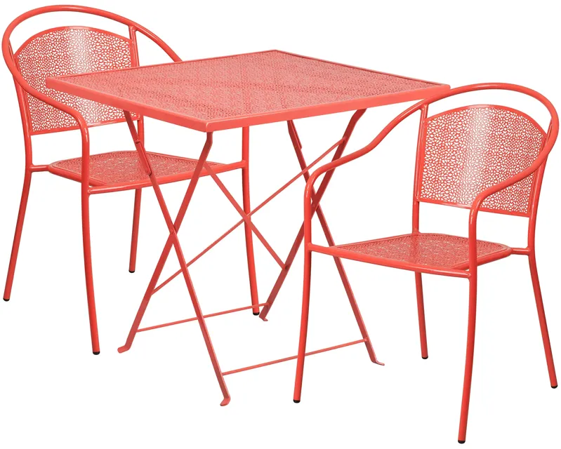 Flash Furniture Oia Commercial Grade 28" Square Coral Indoor-Outdoor Steel Folding Patio Table Set with 2 Round Back Chairs