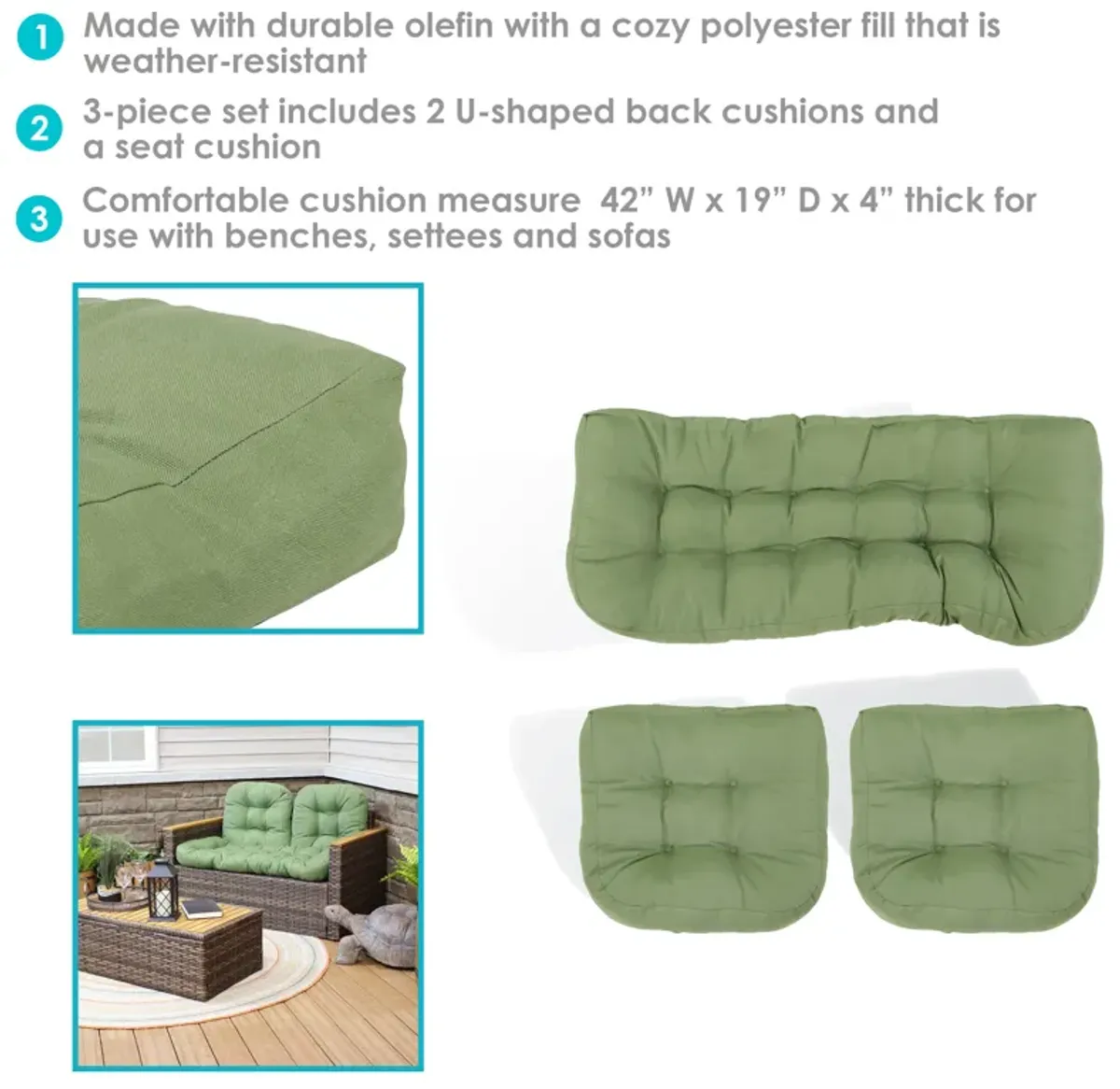 Sunnydaze Indoor/Outdoor Olefin 3-Piece Tufted Settee Cushion Set