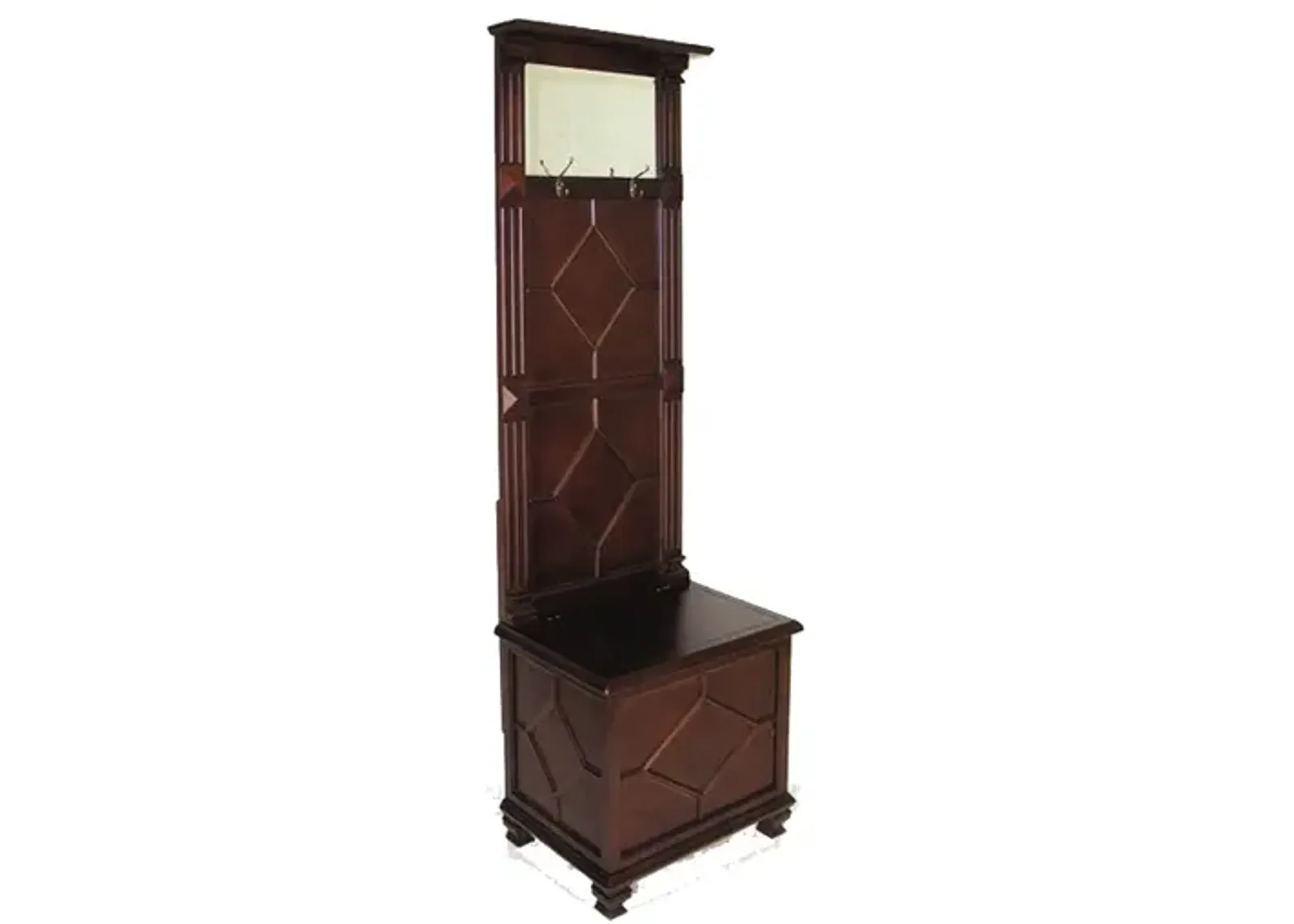 Molded Wooden Frame Hall Tree with Lift Top Box and Mirror Insert, Brown-Benzara