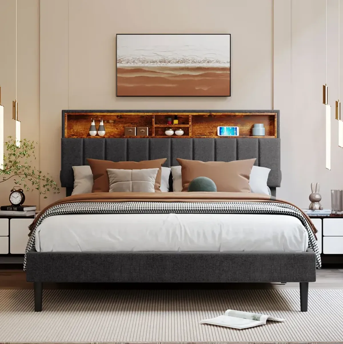 Merax Upholstered Platform Bed with Storage Headboard