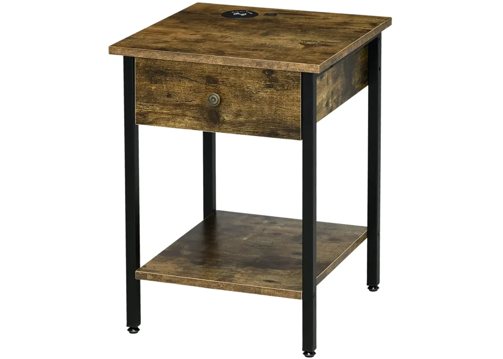 Rustic End Table: Wireless Charging, USB Ports, Warm Brown