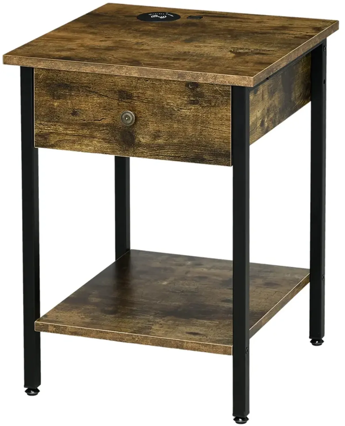 Rustic End Table: Wireless Charging, USB Ports, Warm Brown