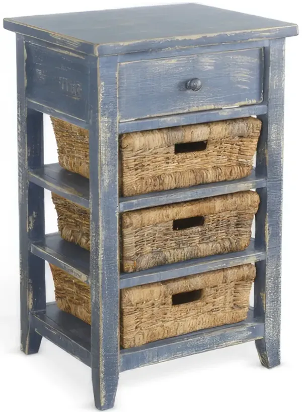 Rena End Table, 3 Natural Rattan Storage Baskets, 20 Inch Blue Wood - Benzara