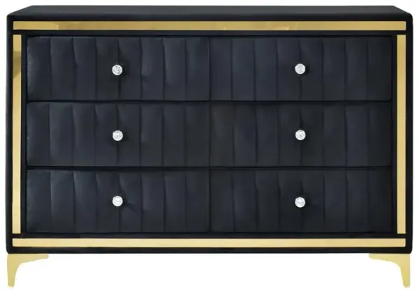 Velvet 6 Drawer Dresser with Gold Legs and Trim