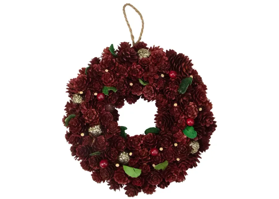 Red and Gold Pine Cone and Ornament Artificial Christmas Wreath  9.5-Inch  Unlit