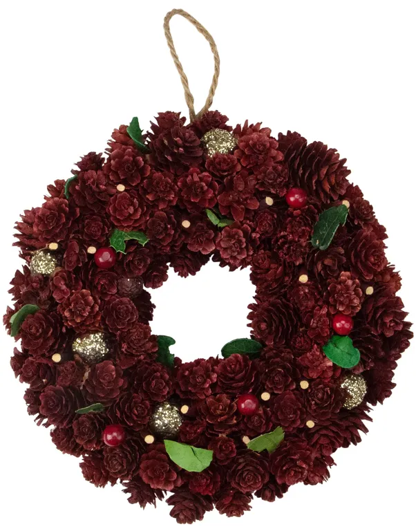 Red and Gold Pine Cone and Ornament Artificial Christmas Wreath  9.5-Inch  Unlit