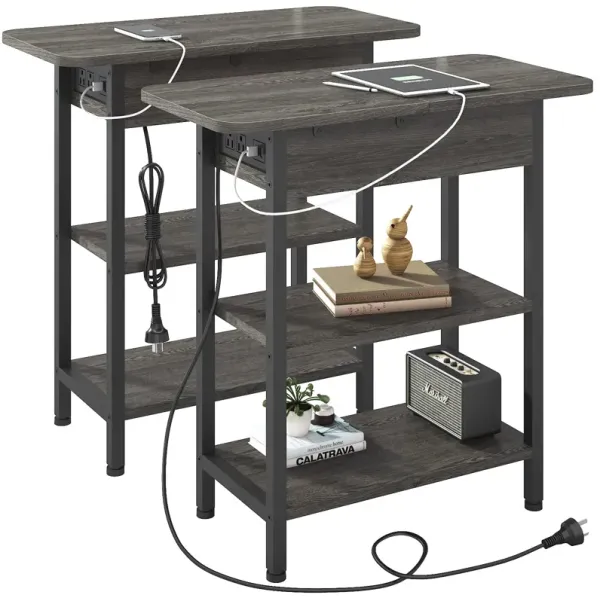 LIDYUK End Table with Charging Station, Set of 2 Flip Top Narrow Side Table for Small Spaces, Nightstands Set of 2 for Bedroom,
