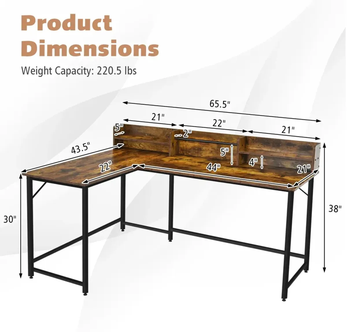 5.5 Inch L-shaped Computer Desk with Bookshelf