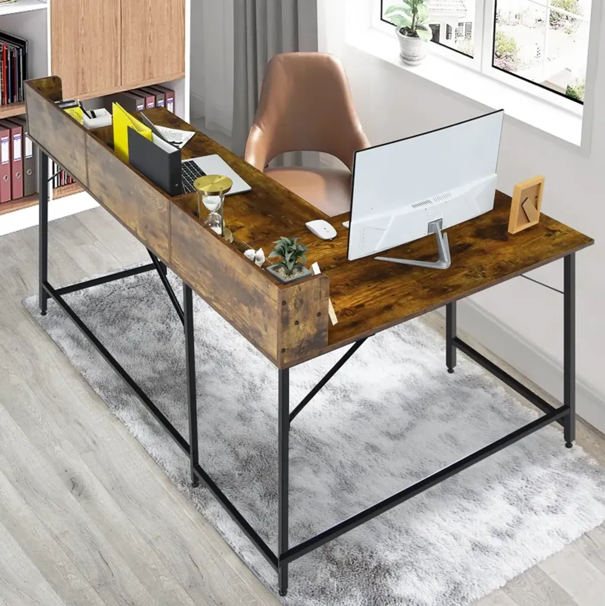 5.5 Inch L-shaped Computer Desk with Bookshelf