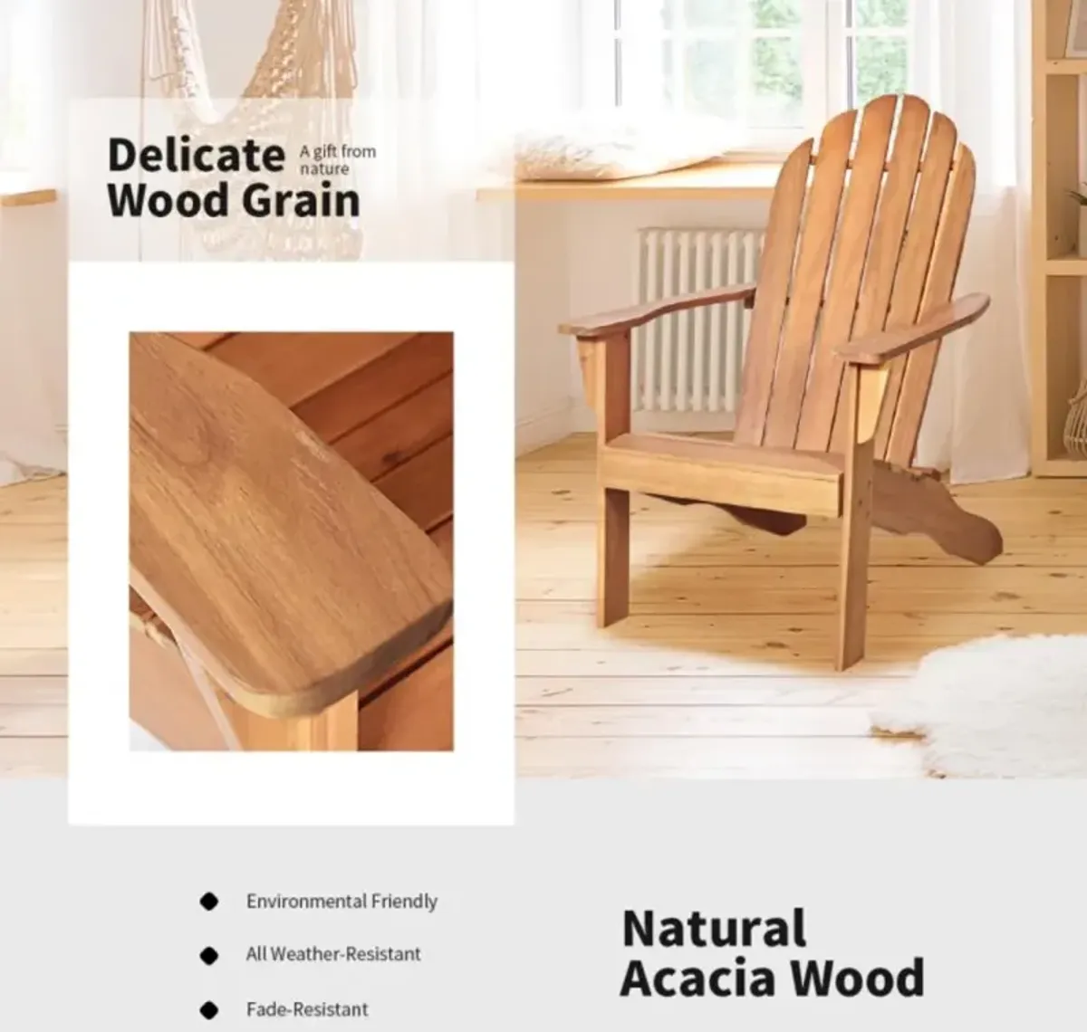 Hivvago Acacia Wood Outdoor Adirondack Chair with Ergonomic Design