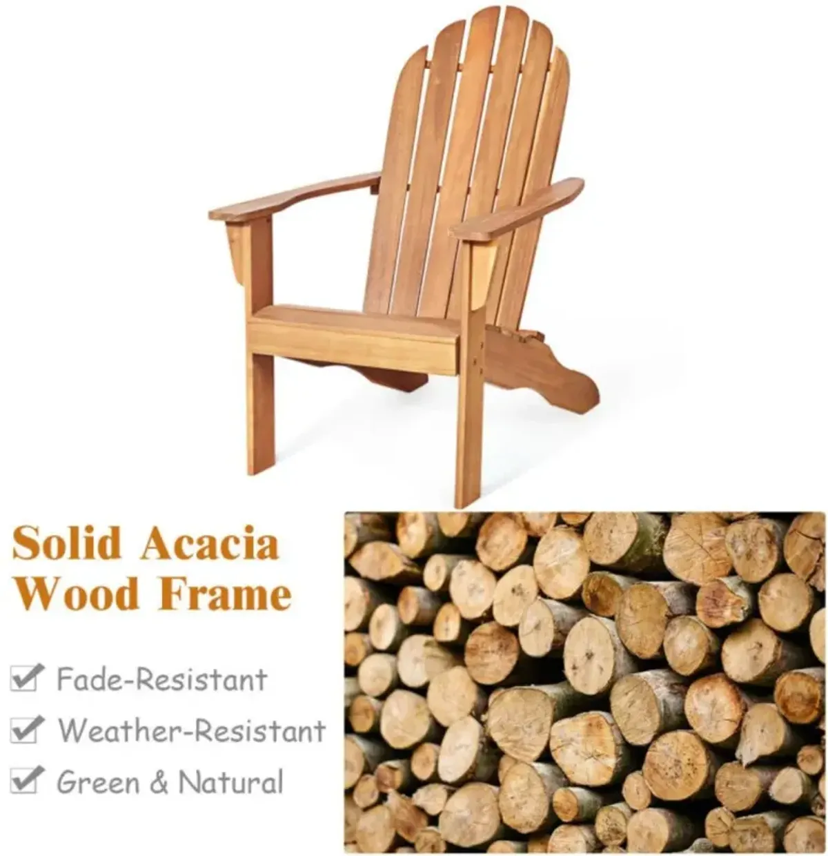 Hivvago Acacia Wood Outdoor Adirondack Chair with Ergonomic Design