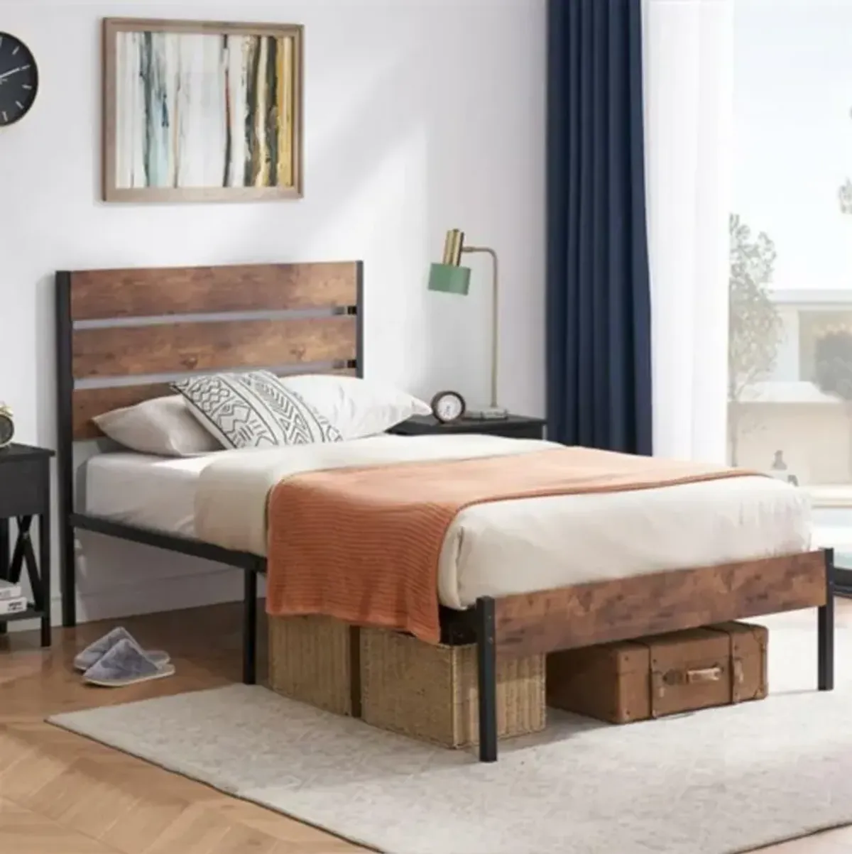 Hivvago Twin Industrial Platform Bed Frame with Brown Wood Slatted Headboard Footboard