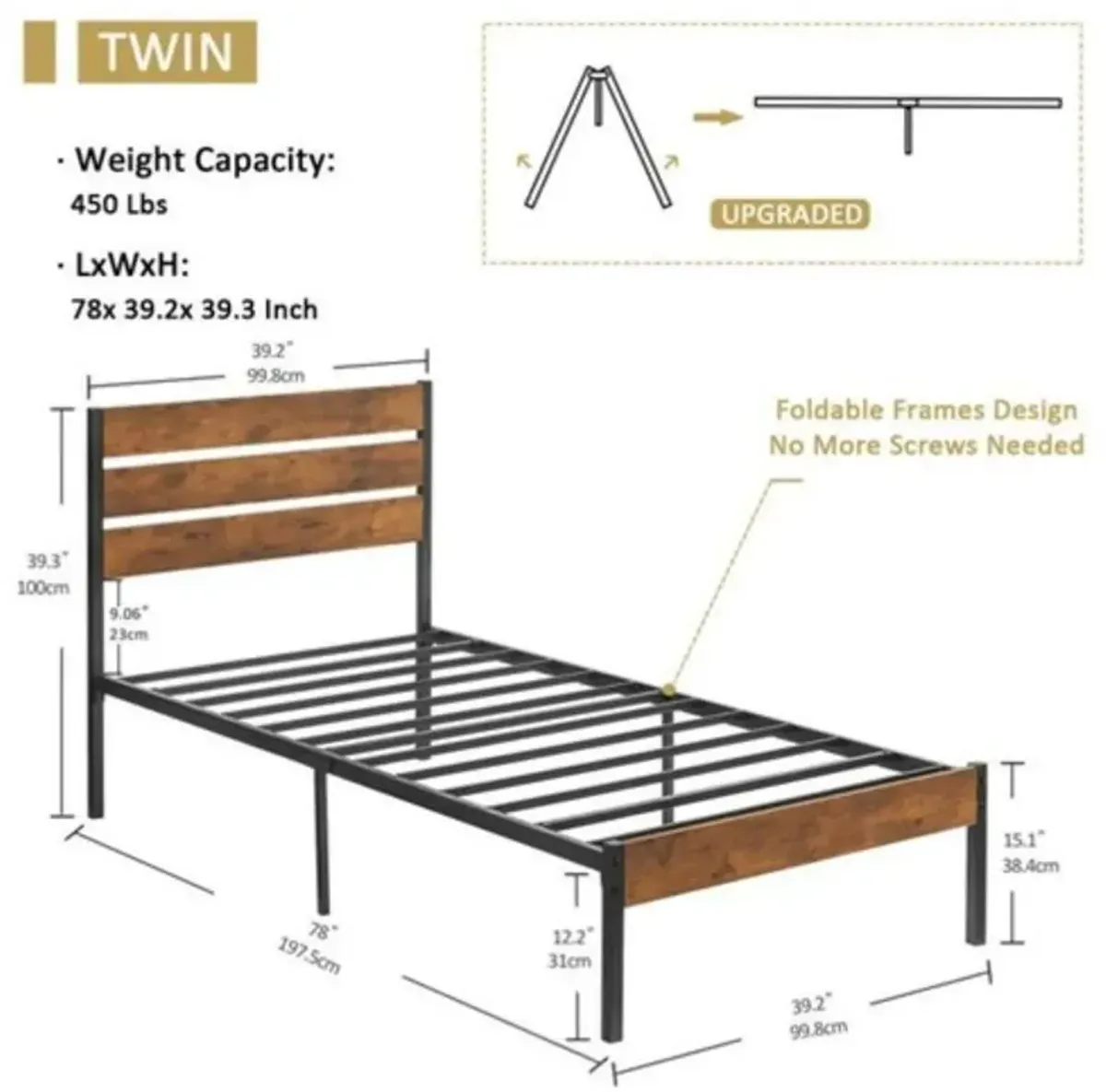 Hivvago Twin Industrial Platform Bed Frame with Brown Wood Slatted Headboard Footboard