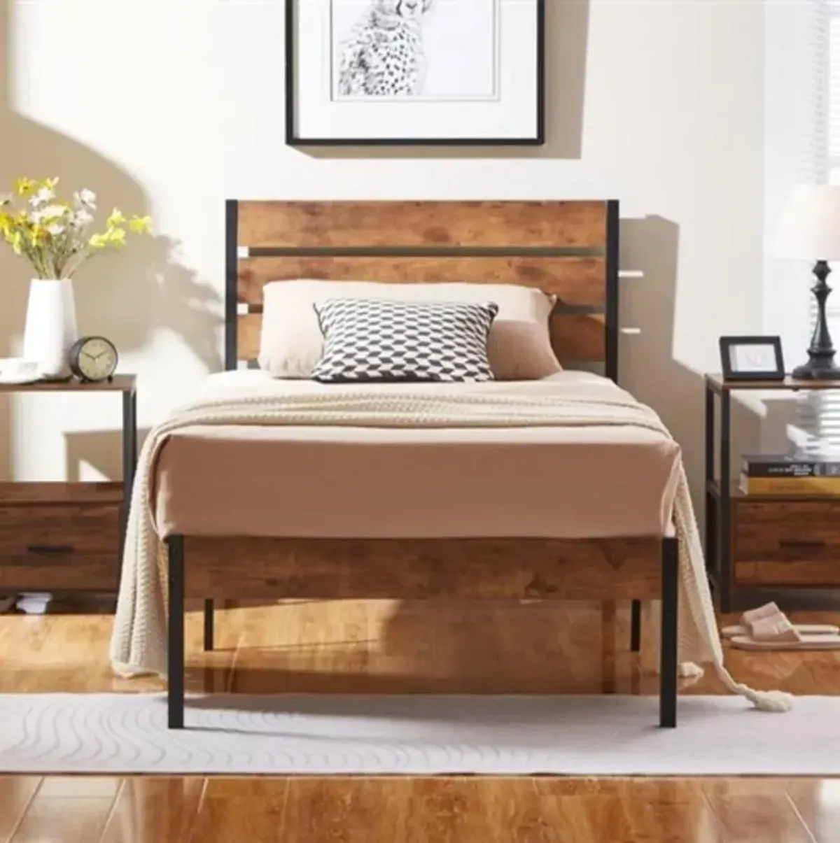 Hivvago Twin Industrial Platform Bed Frame with Brown Wood Slatted Headboard Footboard