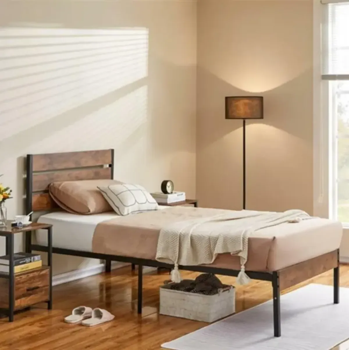 Hivvago Twin Industrial Platform Bed Frame with Brown Wood Slatted Headboard Footboard