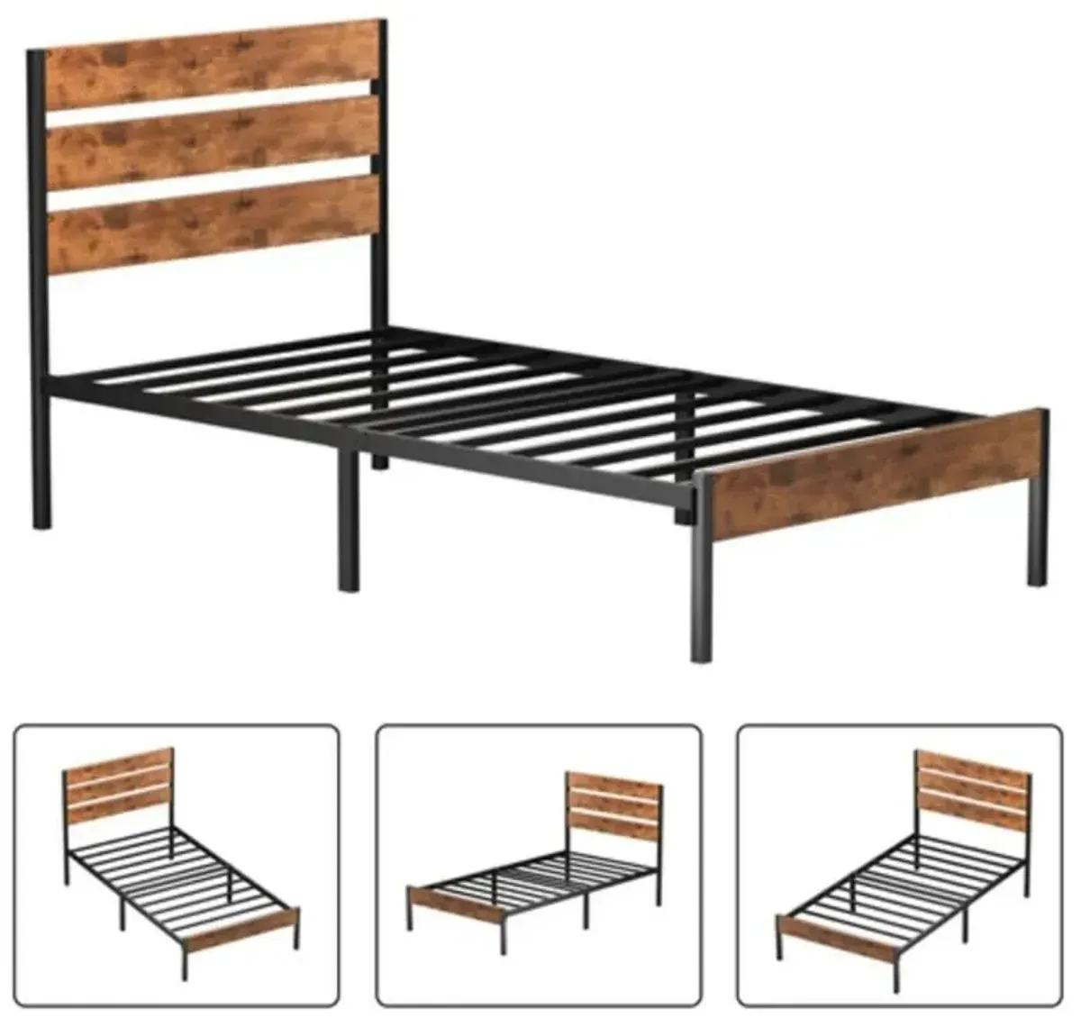 Hivvago Twin Industrial Platform Bed Frame with Brown Wood Slatted Headboard Footboard