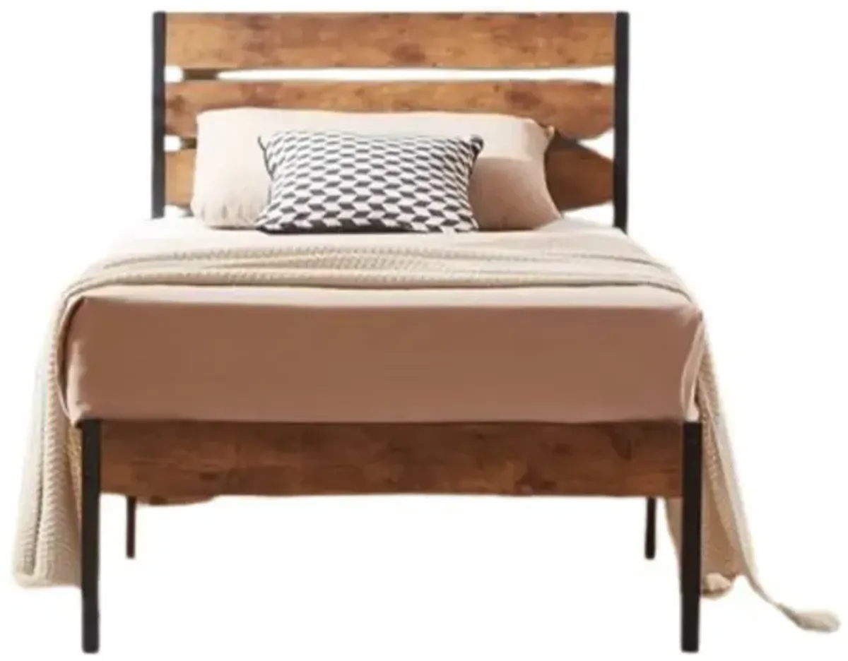 Hivvago Twin Industrial Platform Bed Frame with Brown Wood Slatted Headboard Footboard