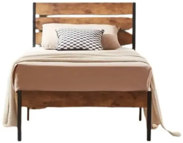 Hivvago Twin Industrial Platform Bed Frame with Brown Wood Slatted Headboard Footboard