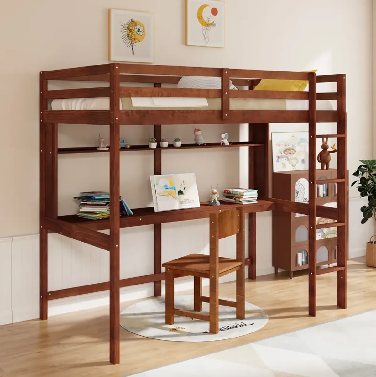 Twin Size Solid Wood Slatted Loft Bed Frame with Safety Guardrail for Kid