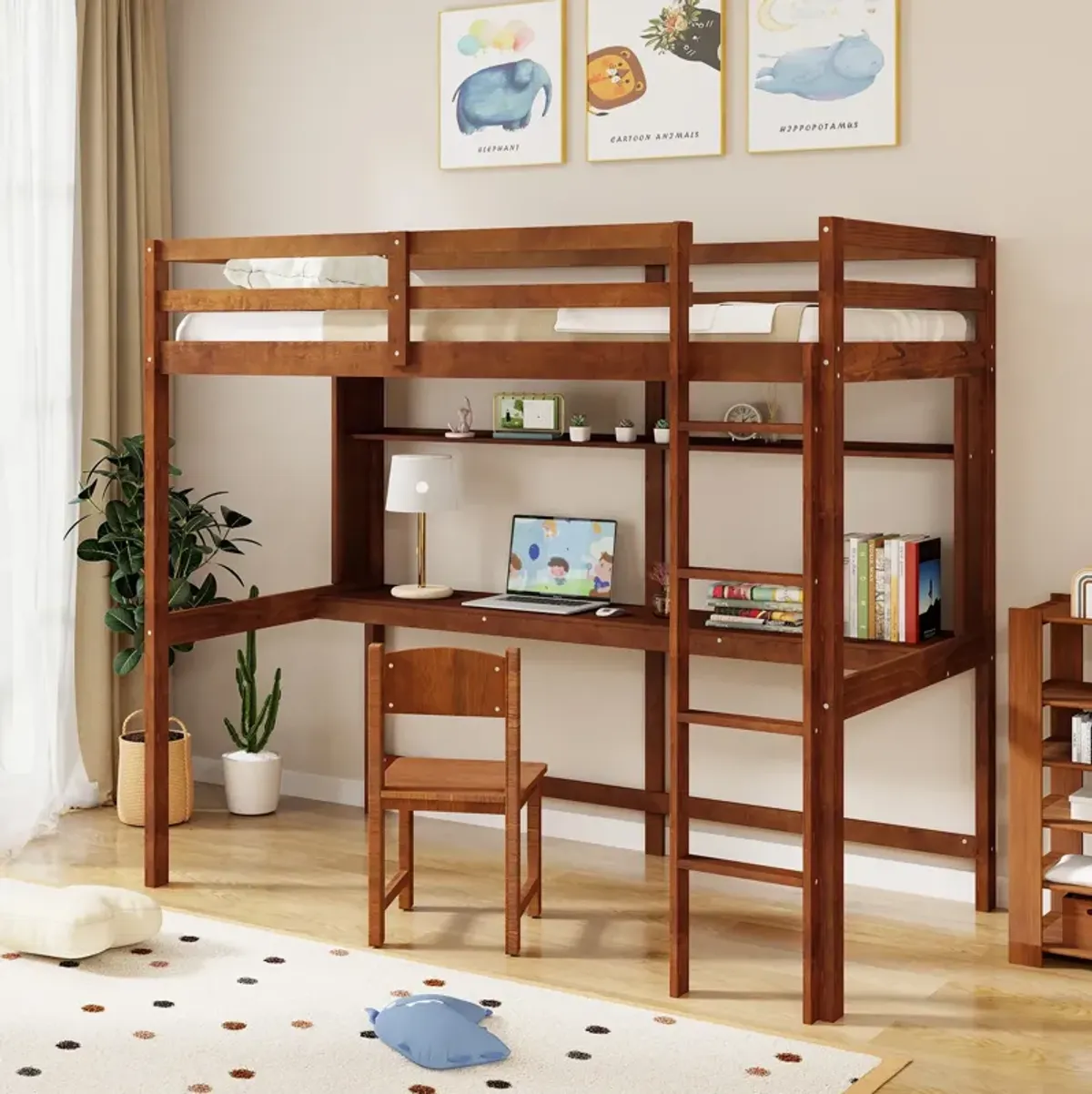 Twin Size Solid Wood Slatted Loft Bed Frame with Safety Guardrail for Kid