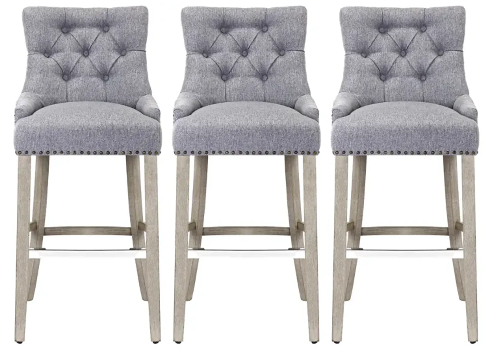 WestinTrends 29" Linen Fabric Tufted Upholstered Bar Stool (Set of 3), Antique Grey