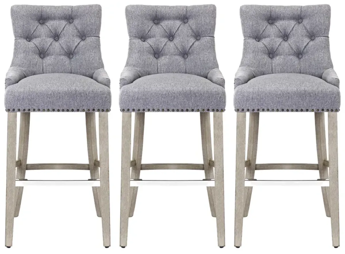 WestinTrends 29" Linen Fabric Tufted Upholstered Bar Stool (Set of 3), Antique Grey