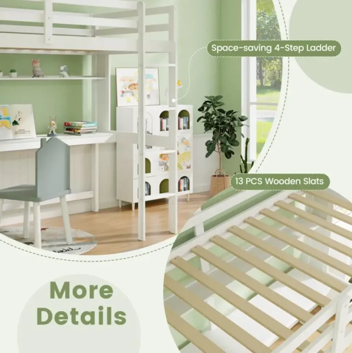 Hivvago Twin Size Solid Wood Slatted Loft Bed Frame with Safety Guardrail for Kid