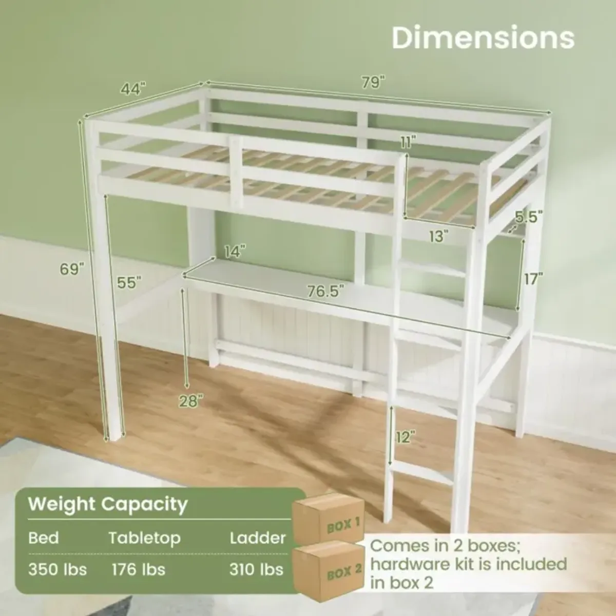 Hivvago Twin Size Solid Wood Slatted Loft Bed Frame with Safety Guardrail for Kid