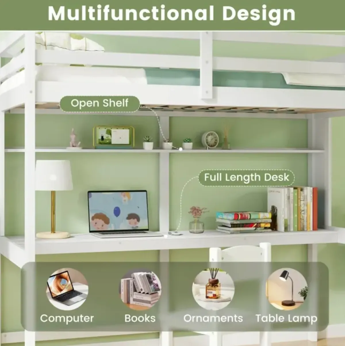 Hivvago Twin Size Solid Wood Slatted Loft Bed Frame with Safety Guardrail for Kid