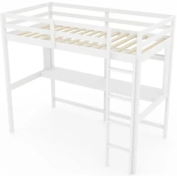 Hivvago Twin Size Solid Wood Slatted Loft Bed Frame with Safety Guardrail for Kid
