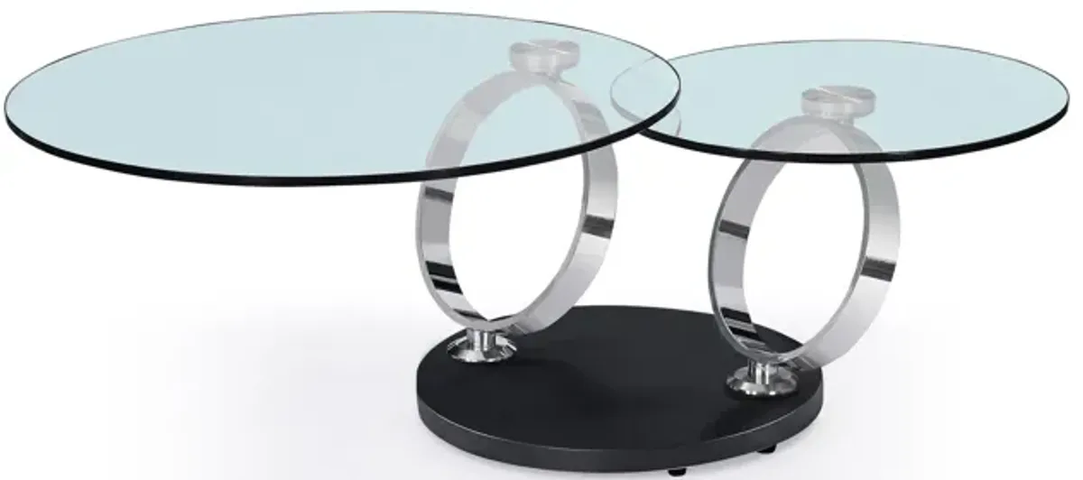 Motion coffee table with clear glass  top and white base