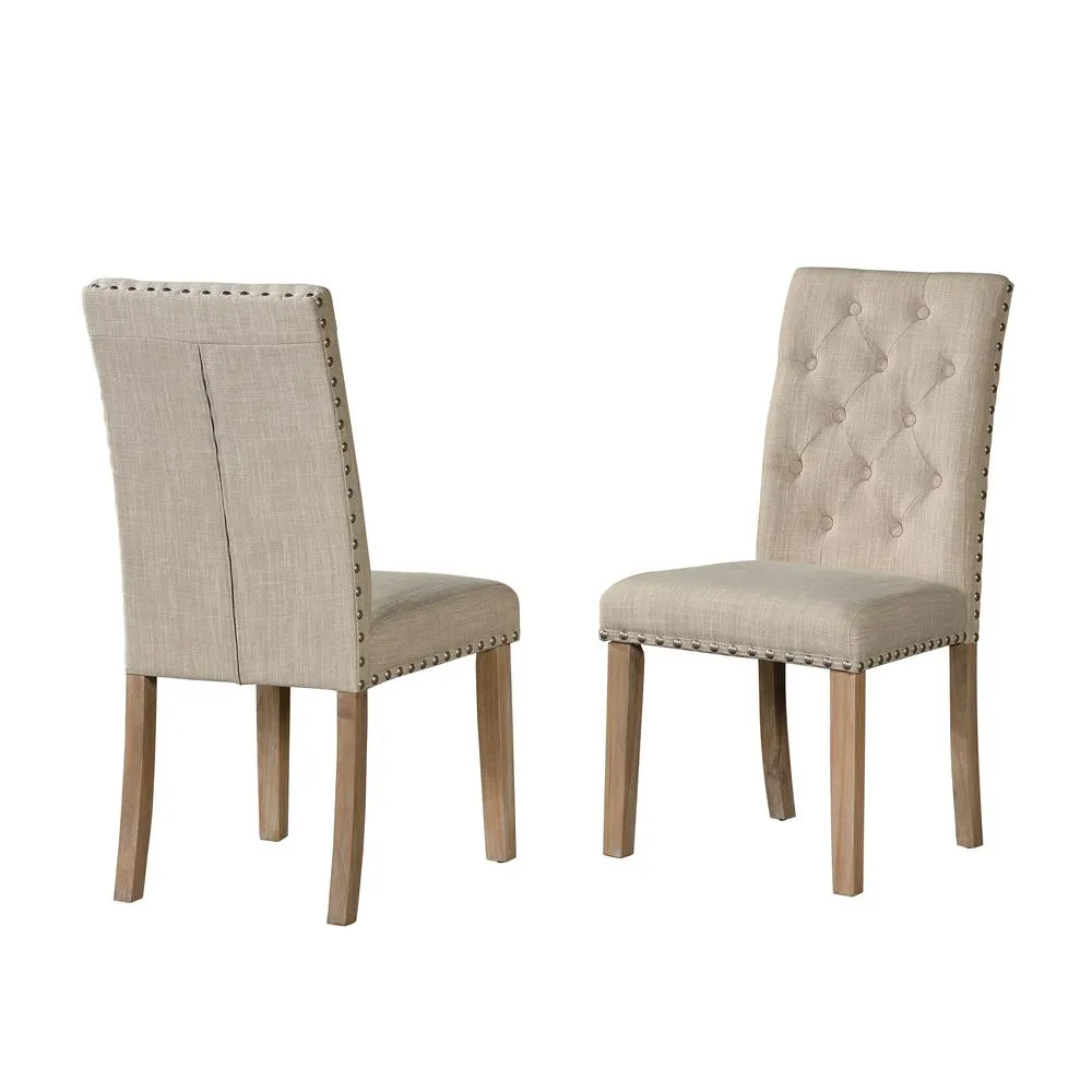 Beige Linen Tufted Dining Side Chairs Nailhead, set of 2, Rustic Finish