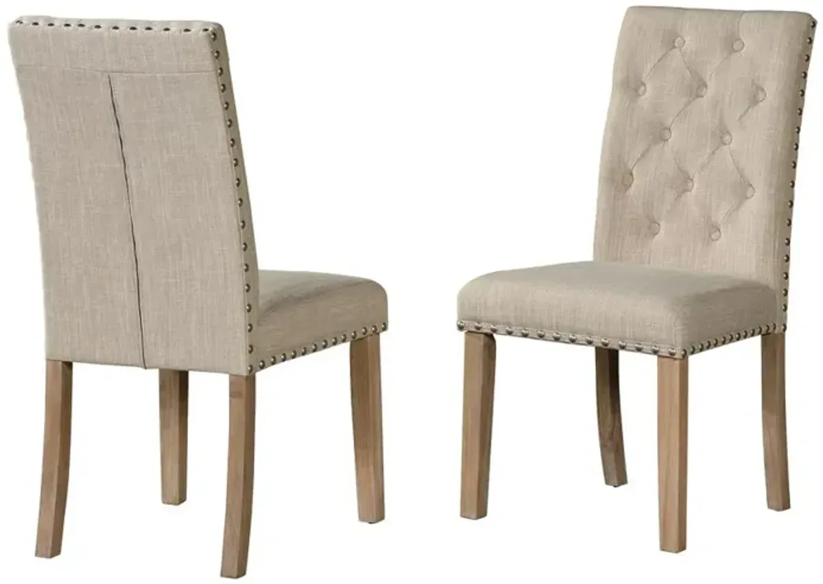 Beige Linen Tufted Dining Side Chairs Nailhead, set of 2, Rustic Finish