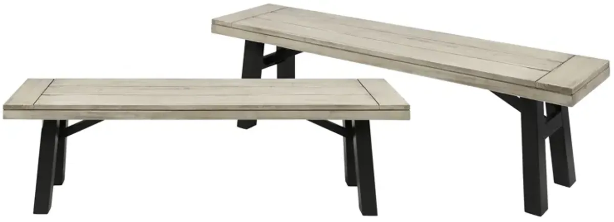 Wren Outdoor Bench Set of 2, Slat Panel, 63 Inch Gray Acacia Wood - Benzara