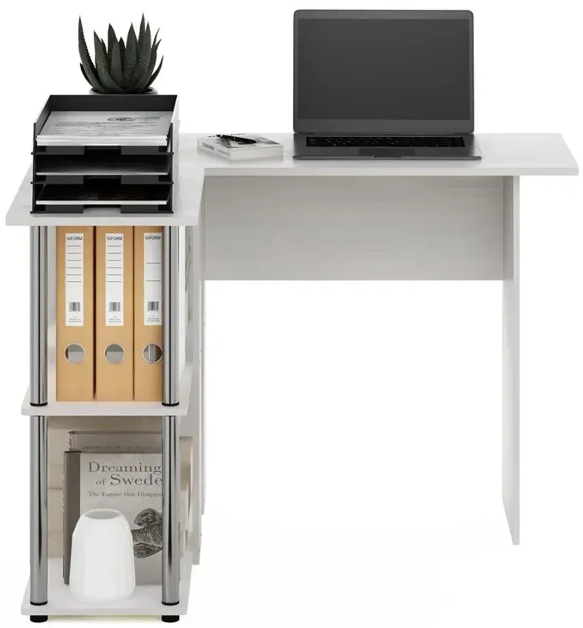 Furinno Abbott L-Shape Desk with Bookshelf, White Oak, Stainless Steel Tubes