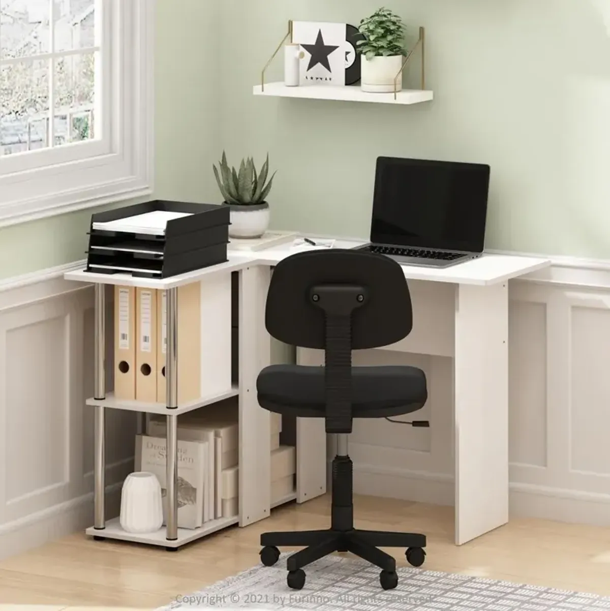 Furinno Abbott L-Shape Desk with Bookshelf, White Oak, Stainless Steel Tubes