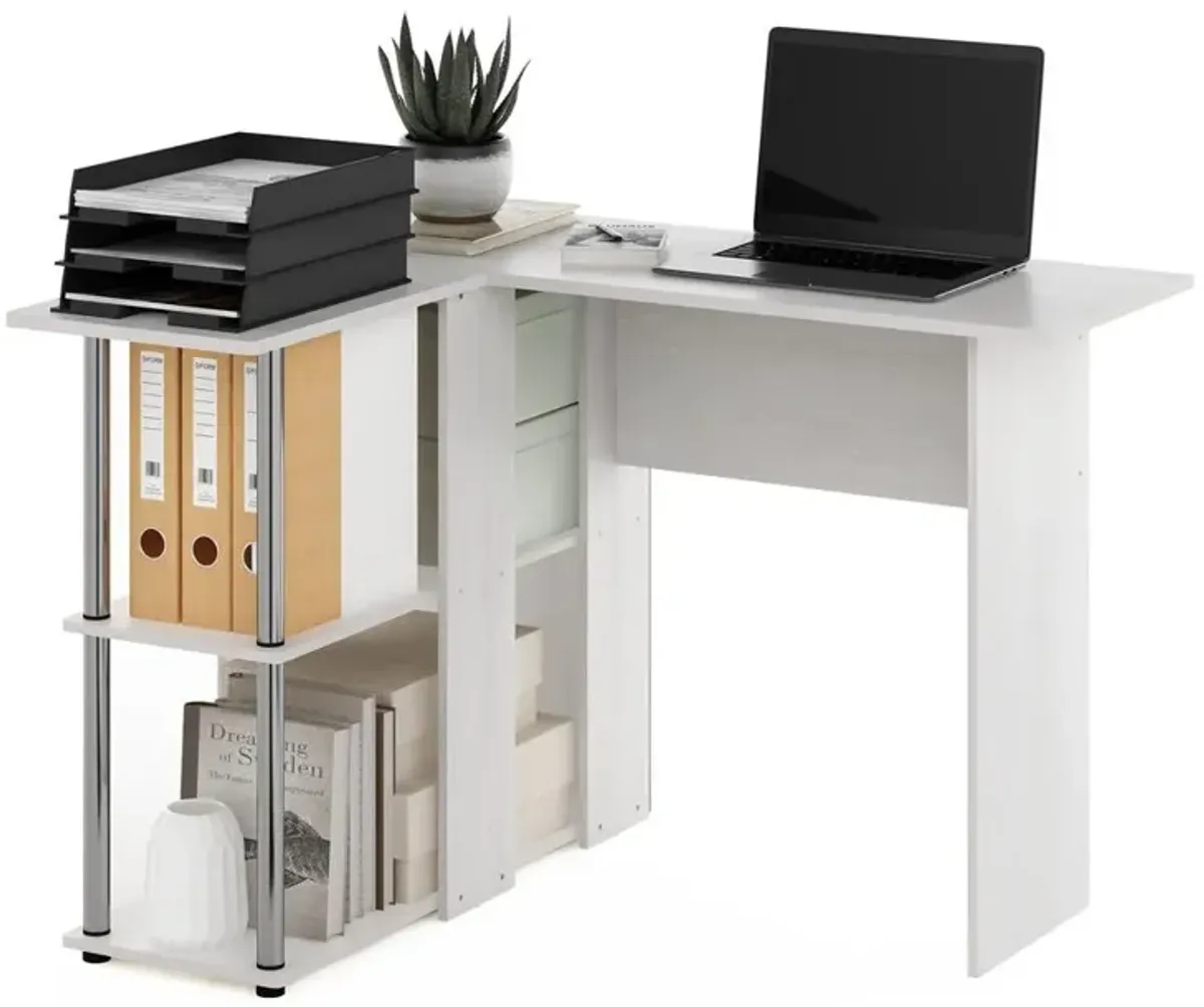 Furinno Abbott L-Shape Desk with Bookshelf, White Oak, Stainless Steel Tubes