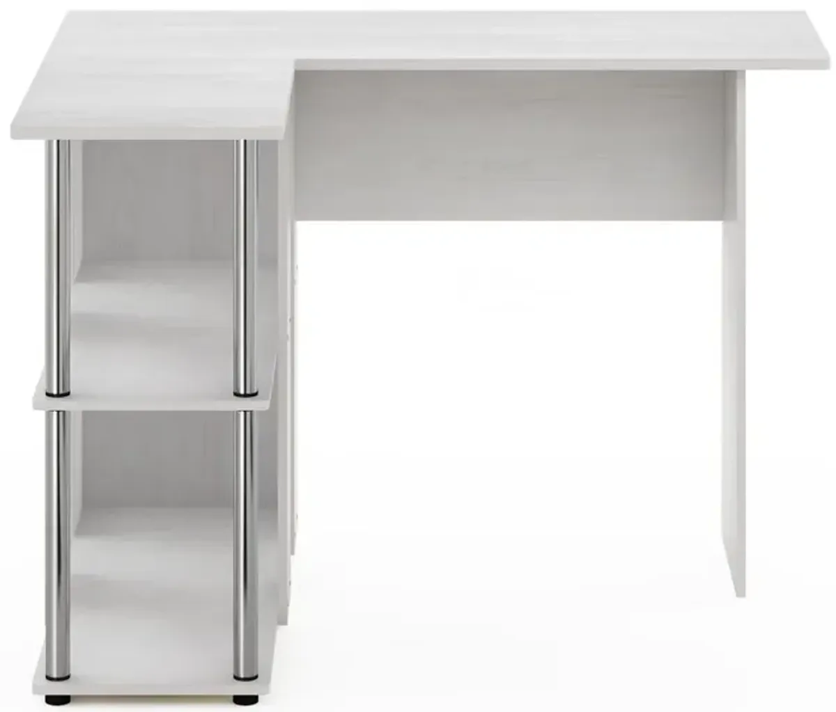 Furinno Abbott L-Shape Desk with Bookshelf, White Oak, Stainless Steel Tubes