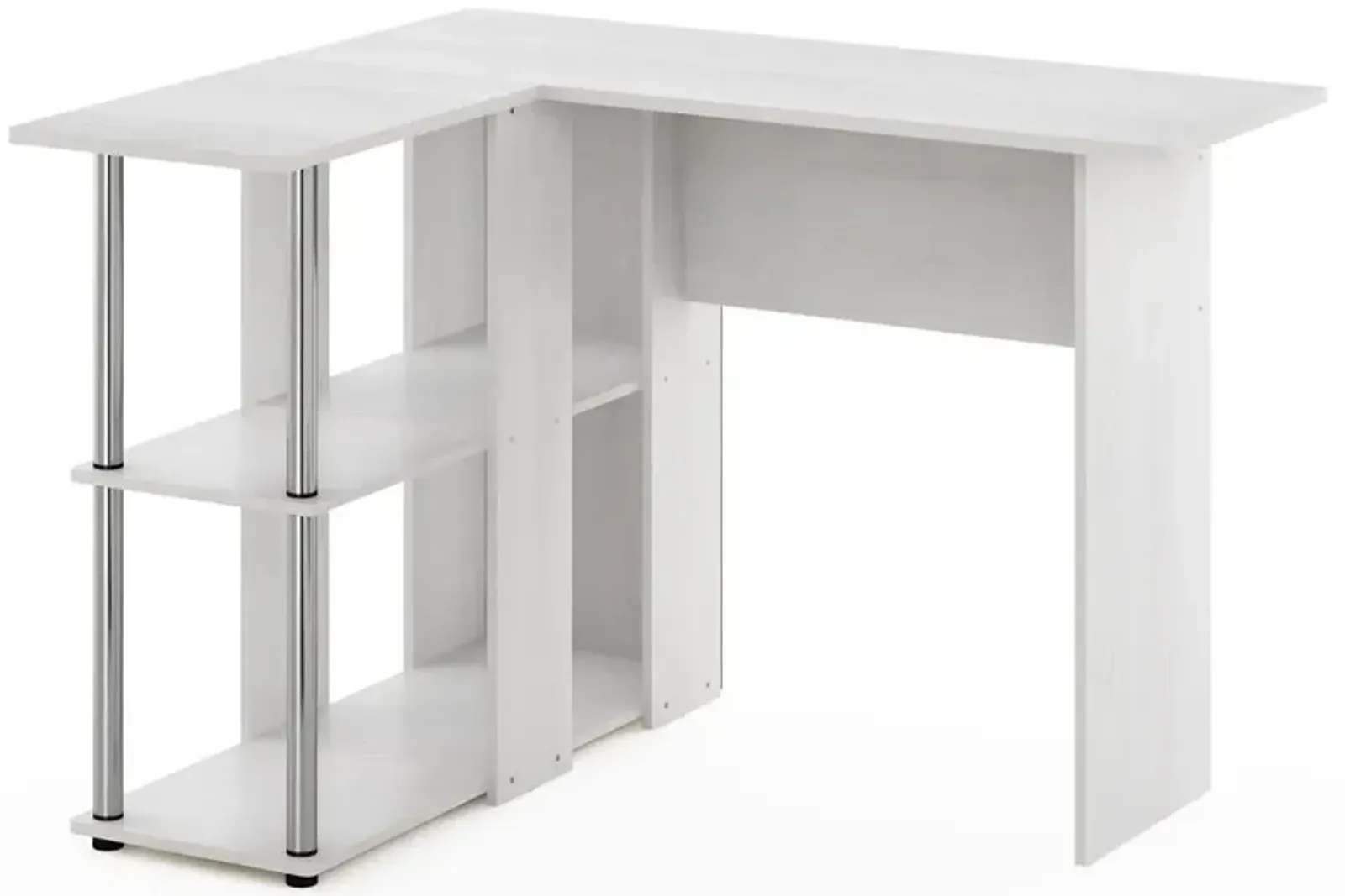 Furinno Abbott L-Shape Desk with Bookshelf, White Oak, Stainless Steel Tubes