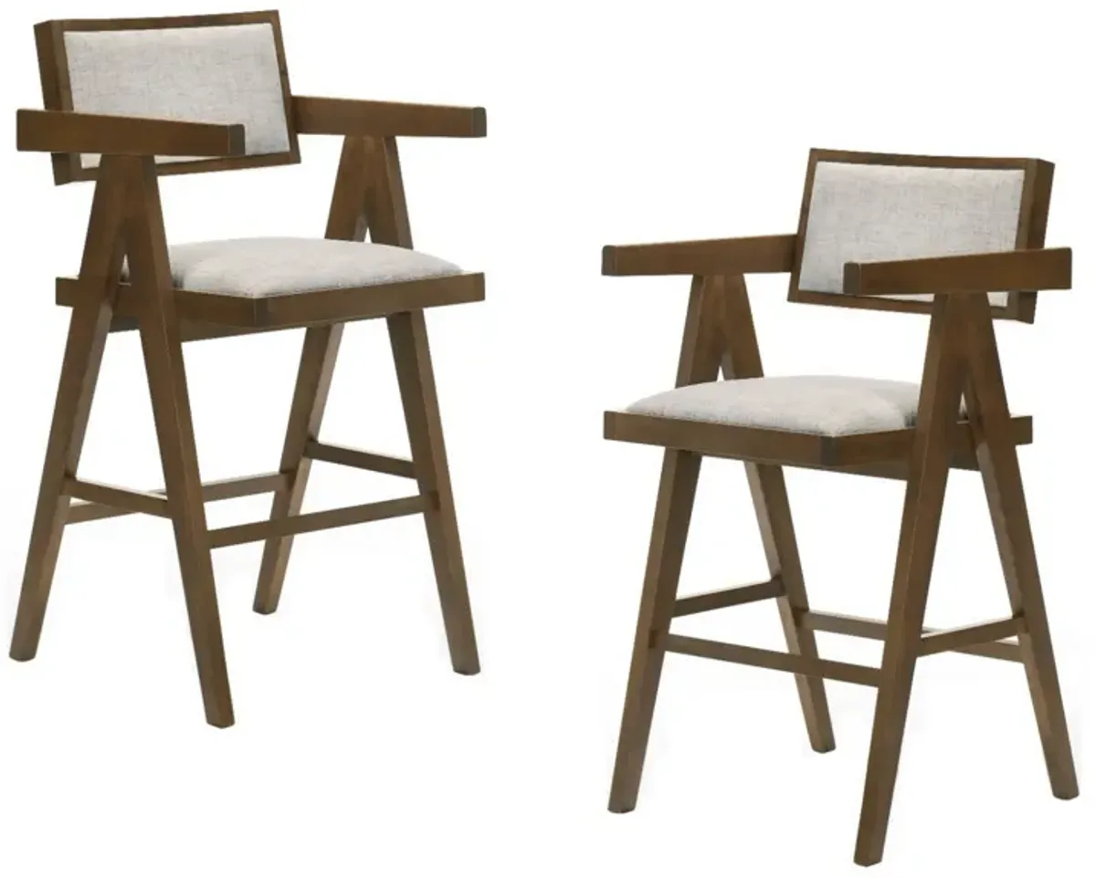 26 Inch Walnut Counter Stool Chair Set of 2, Soft Beige Fabric Upholstery - Benzara