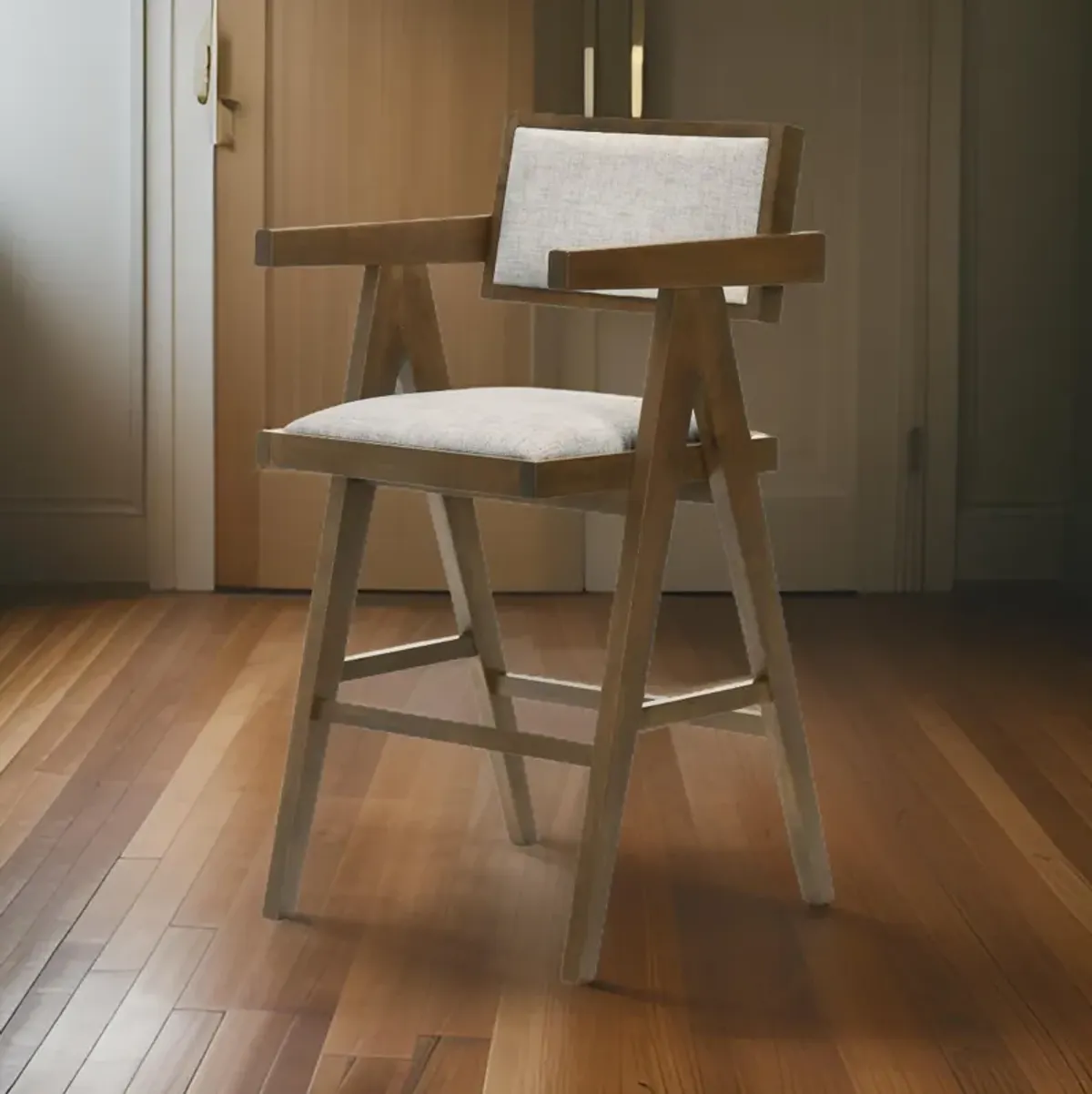 26 Inch Walnut Counter Stool Chair Set of 2, Soft Beige Fabric Upholstery - Benzara