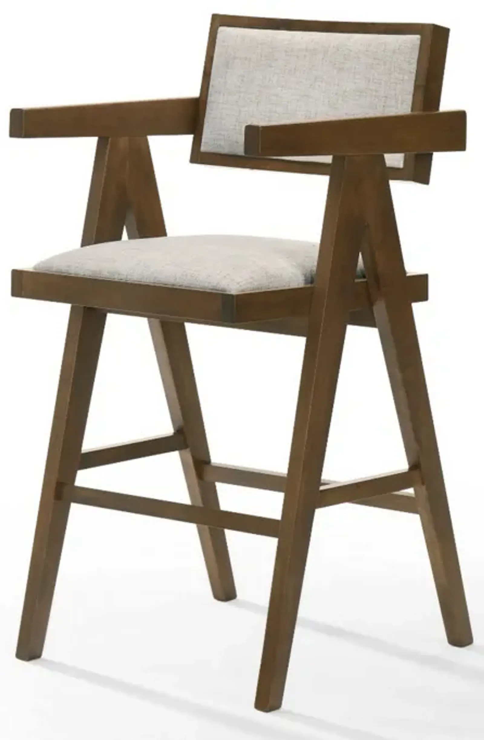 26 Inch Walnut Counter Stool Chair Set of 2, Soft Beige Fabric Upholstery - Benzara