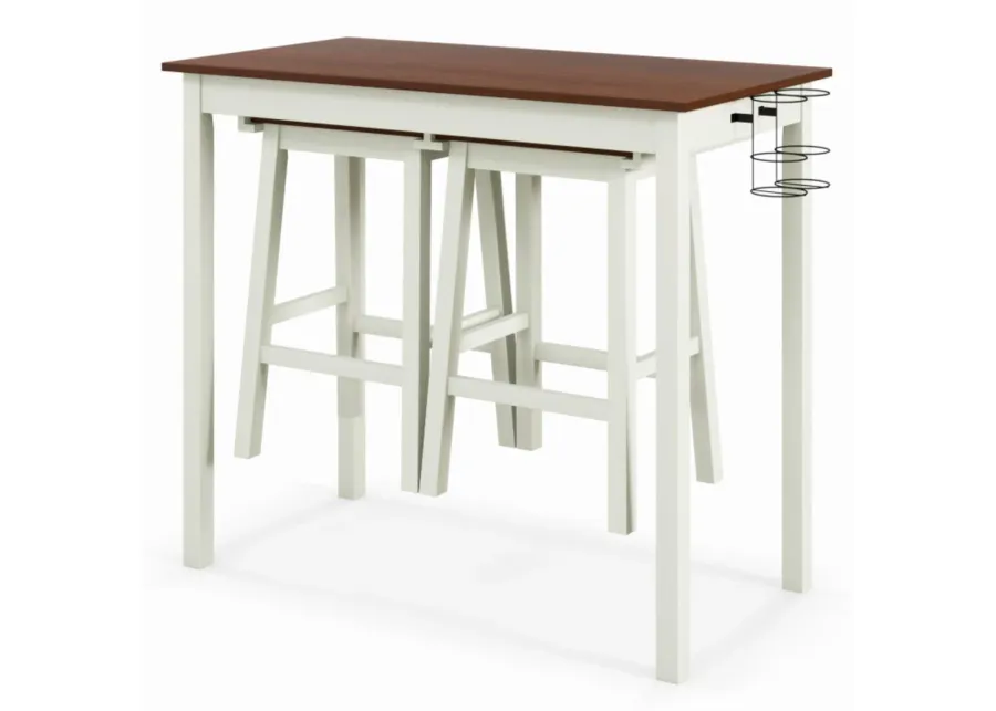 Hivvago 3-Piece Bar Table Set with 2 Wine Holders and Wooden Legs-White